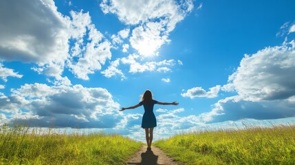 2410_015.female silhouette on winding path, arms wide open, sun-bleached field borders, cumulus clouds in blue expanse, mindfulness in nature concept
