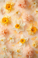 Fototapeta premium Blossom Array: Spring Daffodils and Cherry Blossoms in Full Bloom