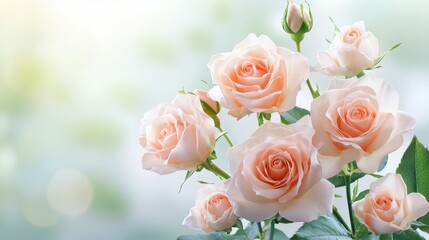 A bouquet of blush pink roses in full bloom, arranged against a soft focus background, creating an elegant and romantic floral scene.