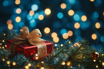 Obraz premium Christmas gift paper box under the New Year tree. Merry Christmas and Happy New Year. Xmas banner holiday poster with gift present. Festive bright design