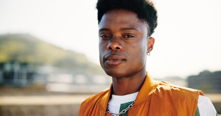 City, black man and portrait with pride for fashion, streetwear and confidence for cool clothes by...
