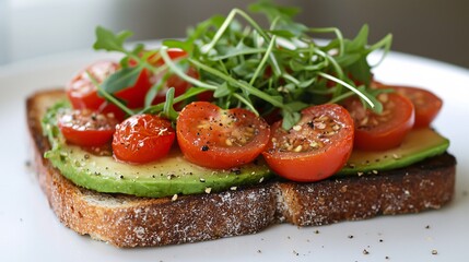 A stylishly arranged slice of creamy toast adorned with vibrant cherry tomatoes and delicate microgreens on a sleek white plate, set against a radiant backdrop.