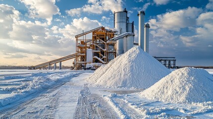 Snow-covered industrial factory with blue sky and snowy landscape