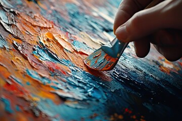 Close-up of a hand holding a paintbrush and applying blue paint to a canvas with orange and red strokes.