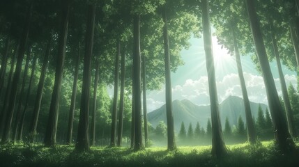 Obraz premium Sunrays filtering through tall trees in an anime forest, distant mountains visible in the soft morning light, creating a peaceful and majestic scene