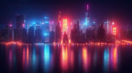 A neon cityscape showcasing bright and colorful lights against a dark backdrop, creating an energetic urban scene.