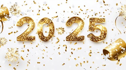 Happy 2025 on New Year background with fireworks,Celebration New Year's Eve,Golden fireworks on dark night sky,Design for posters, banners greeting cards,Template for media post,copy space.