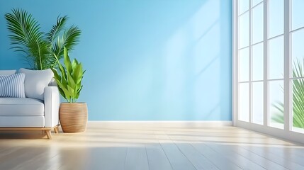 Tranquil minimalist living room showcasing a sleek modern design with state of the art air conditioning large windows and a soothing blue color scheme