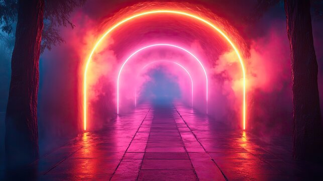 A neon lights tunnel with fog and reflections, offering a surreal and atmospheric experience.