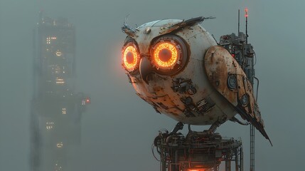 Rusty Robotic Owl Perched on Glowing Energy Station in Futuristic Cityscape