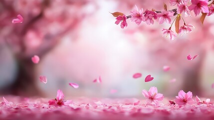 Obraz premium A field of pink cherry blossoms in full bloom, their petals gently falling in the breeze, creating a tranquil, pastel-colored background.