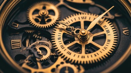 A mechanical clock with golden gears in perfect alignment, representing precision and the passage of time.