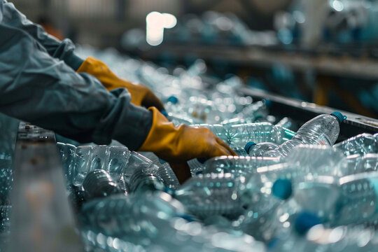 Close-up of gloved hands sorting plastic bottles on a conveyor a testament to the dedication in recycling efforts