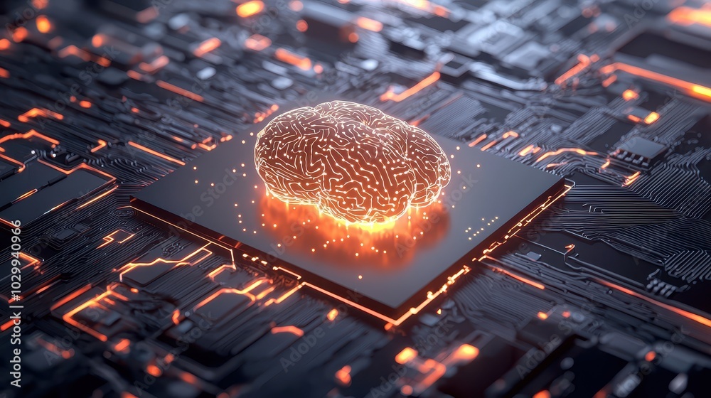 Poster a glowing ai chip with complex neural connections visualized as a futuristic digital interface.
