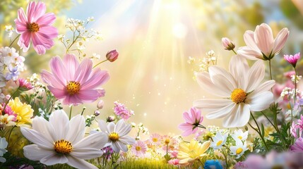 A garden bursting with blooming flowers, with soft sunlight filtering through the petals, creating a warm, vibrant floral scene.