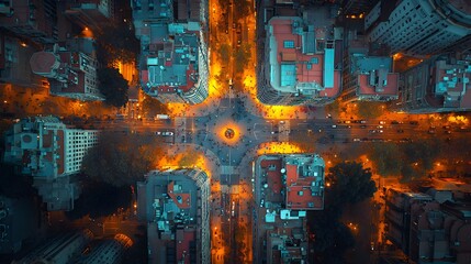 Obraz premium Futuristic Aerial Cityscape with Illuminated Skyscrapers and Neon Lights at Night