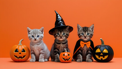 Three cute kittens in a Halloween costume, Halloween background copy-space, Halloween cats