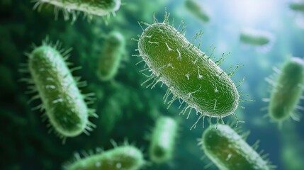 Naklejka premium This view showcases diverse bacteria flourishing in a vibrant green environment, symbolizing health