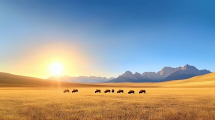 Obraz premium A herd of bison grazing on a prairie in Alberta, with the Rocky Mountains in the background under a clear blue sky.