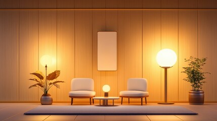 A home podcast setup with a cozy, minimalist background featuring simple furniture and lighting.