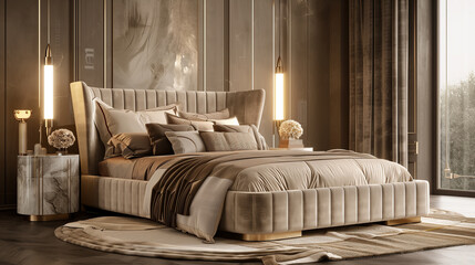 Luxury bedroom interior design with a low-profile bed, velvet headboard, and neutral tones, paired with soft lighting and elegant gold accents for a refined look.