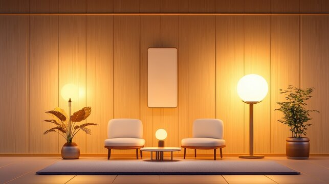 A home podcast setup with a cozy, minimalist background featuring simple furniture and lighting.