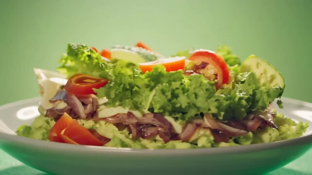 Cobb salad video with 360 degree camera movement, rim lighting, and a soft green background