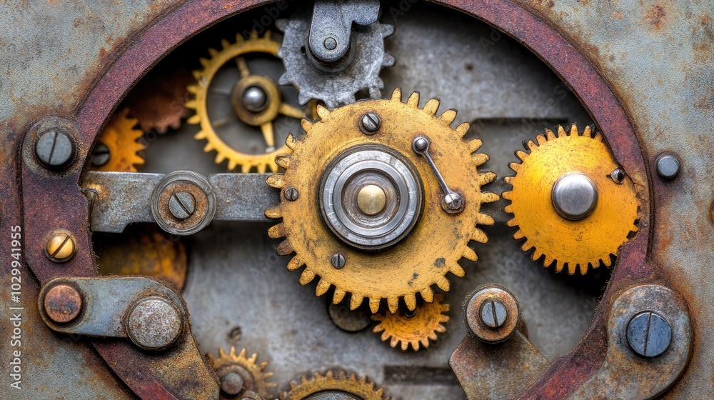 Poster a set of interconnected gears inside a clock, with the focus on their smooth rotation and seamless f