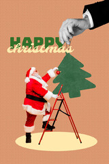 Vertical collage elder man santa claus red outfit climb ladder upstairs decoration evergreen pine...