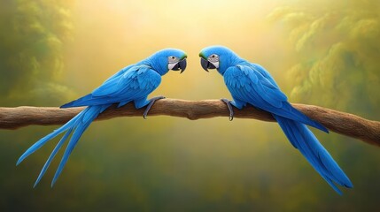 Fototapeta premium A pair of critically endangered Spixs macaws perched on a branch, their striking blue feathers shining in the sunlight.