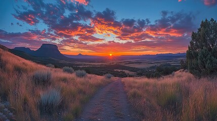 A panoramic wild sunset showcases the dynamic and colorful hues of an evening sky in a dramatic landscape
