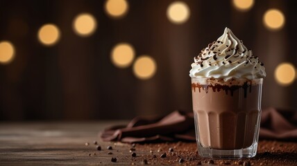 A glass of iced chocolate with whipped cream and chocolate syrup on a wooden table with chocolate sprinkles.