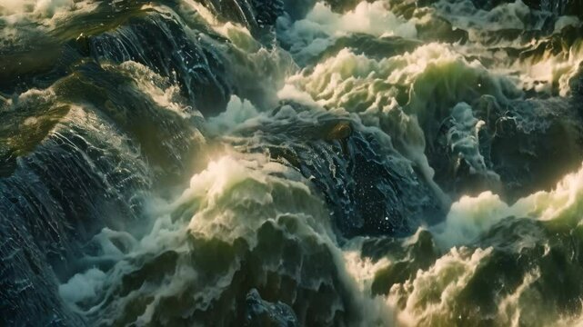 A close-up view of a cascading waterfall in a rocky stream, with the water creating a mesmerizing topaz effect, Layers of cascading water creating a mesmerizing pattern at a waterfall junction