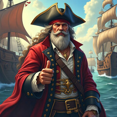 Crusty pirate captain gives thumbs up, decorated clothes, pirate galleons in the background, high detail illustration
