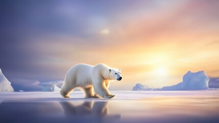 A polar bear walking across an icy Arctic landscape, with icebergs floating in the distance and the northern sky glowing faintly.