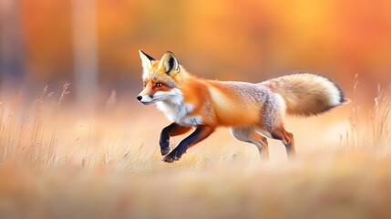A red fox darting through the tall grasses of a Canadian meadow, with vibrant fall colors surrounding the scene.