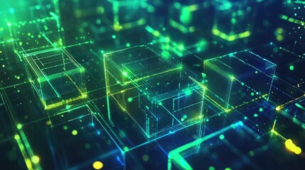 Obraz premium Abstract cubes in green and blue, connected by luminous lines, forming a futuristic digital network.