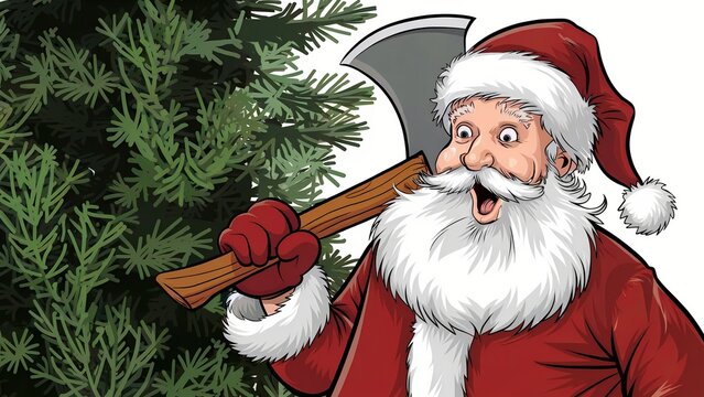 Festive santa holding axe near christmas tree cartoon illustration
