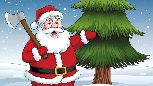 Santa claus with axe preparing to cut down christmas tree in winter wonderland
