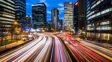 Obraz premium Night traffic in a modern city with skyscrapers in the background, showing the dynamic urban landscape with light trails from the cars