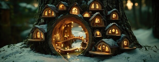 Obraz premium Whimsical tree houses adorned with glowing lights and scenic waterway capturing enchantment of nature's magic