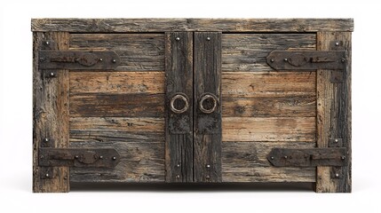 A charming wooden cabinet featuring aged hardware and distinctive grain details against a pristine white backdrop.