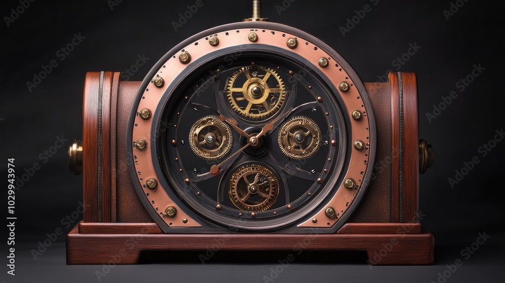 Poster an artistic clock with exaggerated gears and mechanical elements, combining timekeeping with industr