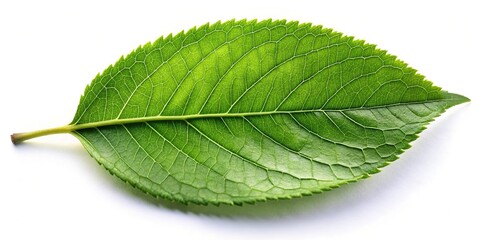 Fototapeta premium Single green leaf isolated on white background in wide-angle perspective