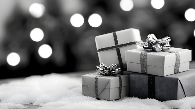 Festive gift boxes wrapped in bright vibrant colors stacked against a snowy background enhancing the joyous mood and charm of the holiday season with a cybernetic tone and black and white accents