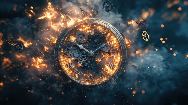 An exploding clock shatters into fragments, gears and glass scattering through smoke and fire, showing the urgency of time running out.