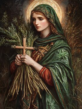 Saint Brigid, clad in traditional Irish attire, skillfully weaves a rush cross, symbolizing her creative heritage.