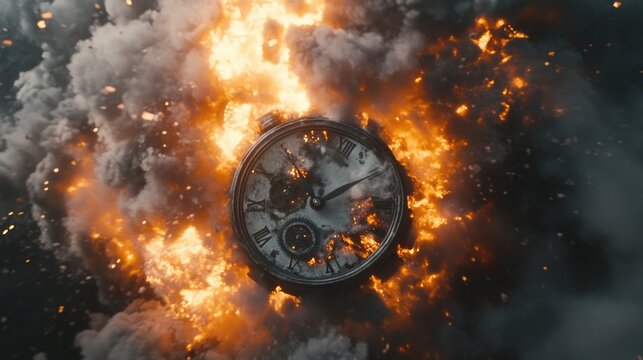 As time runs out, a clock explodes in a burst of glass, gears, and smoke, engulfed in flames, creating a sense of urgency.