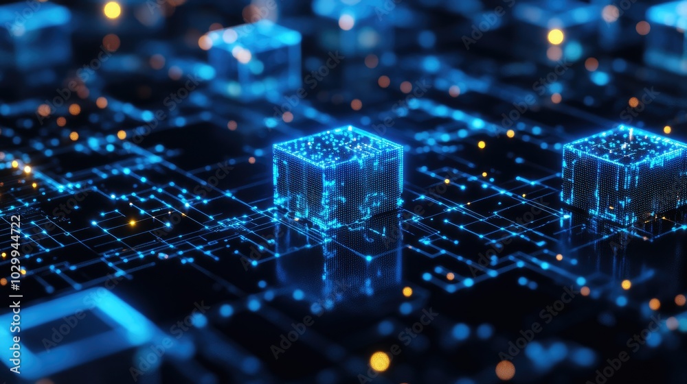 Poster blue cubes linked by glowing lines, representing a futuristic data network or blockchain system.