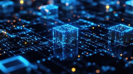 Blue cubes linked by glowing lines, representing a futuristic data network or blockchain system.